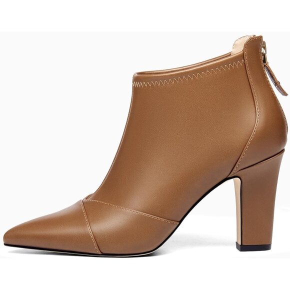 Women's Light Brown Dress Boots Pointed Toe Stiletto High Heel Splicing Booties - Picture 2 of 4